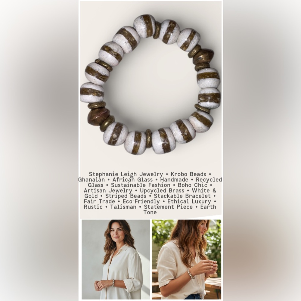 Stephanie Leigh Krobo Glass Bracelet White Gold Stripes